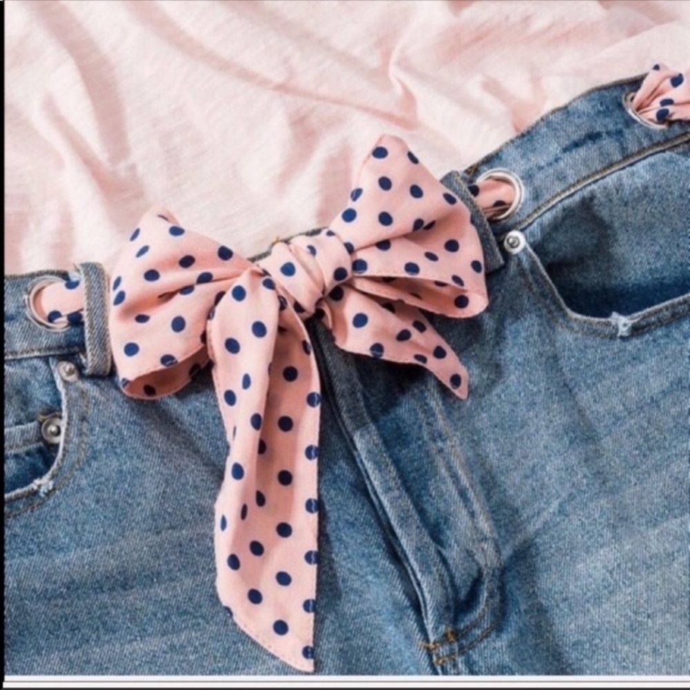 Distressed Denim Shorts with Polka Dot Bow - Picture 2 of 4